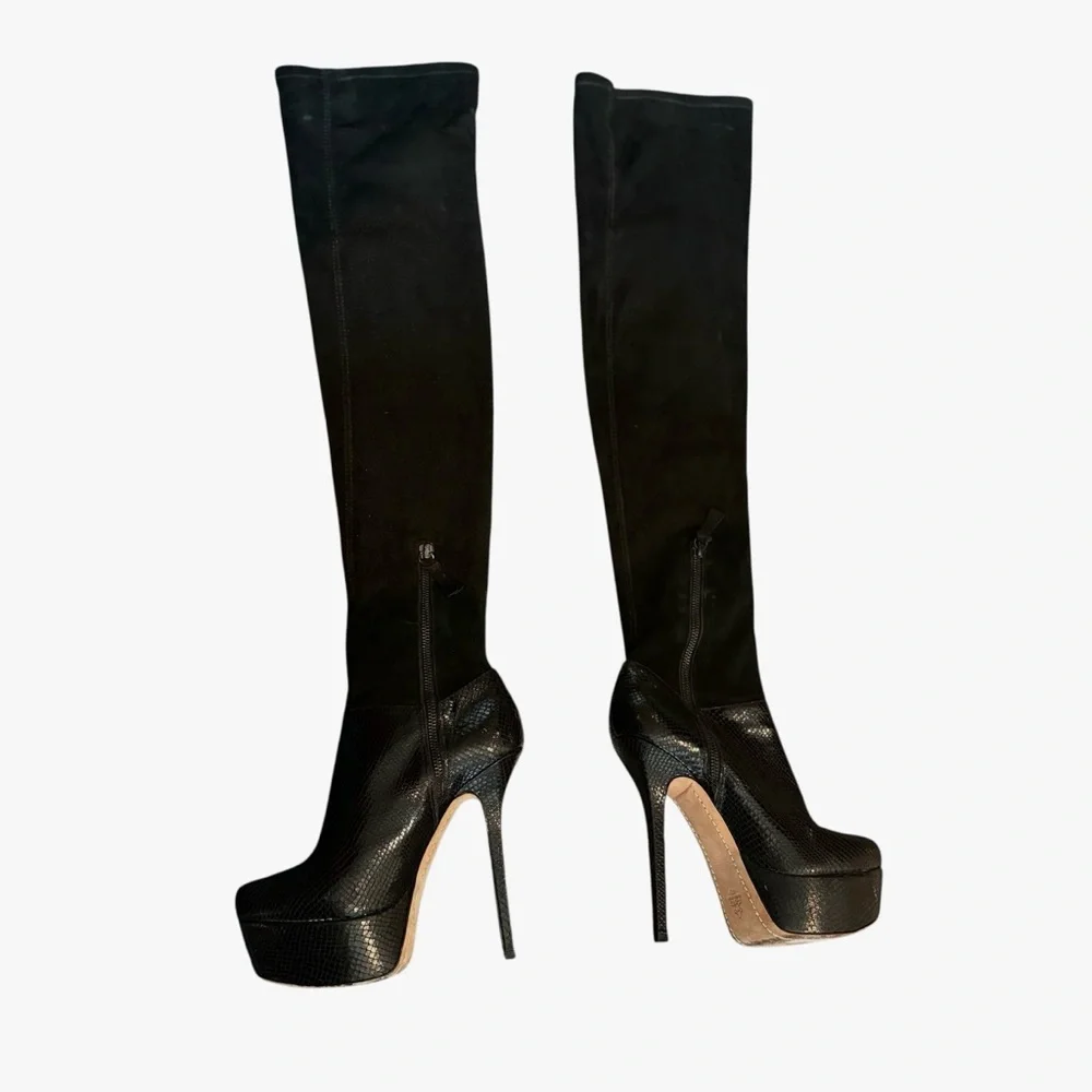 Alice + Olivia Black Thigh-High Platform Stiletto Over-the-Knee Leather Boots